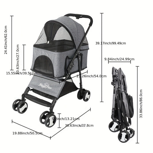 Luxury Wisfor Pet Stroller, Foldable Carrier For Dog Travel, Jogger Wagon Pushchair With Storage Basket