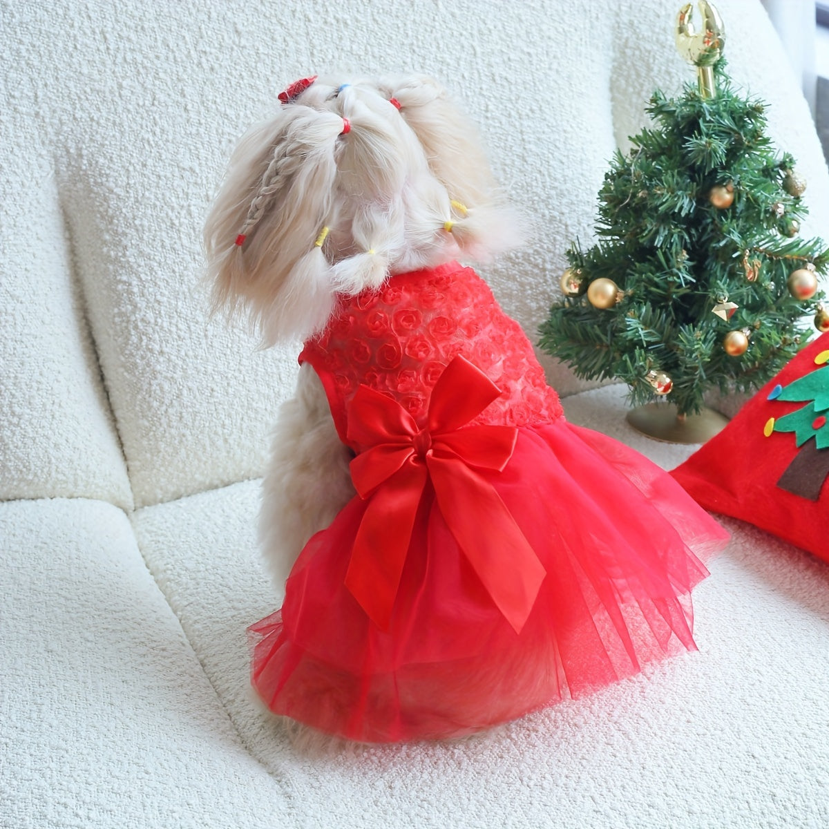 Medium & Small Breeds Polyester Red Rose 3D Floral Tulle Dress with Bowknot, Pet Dog Cat Costume for Christmas Party, All-Season Wear, Pullover Style - Glamorous pet supplies 