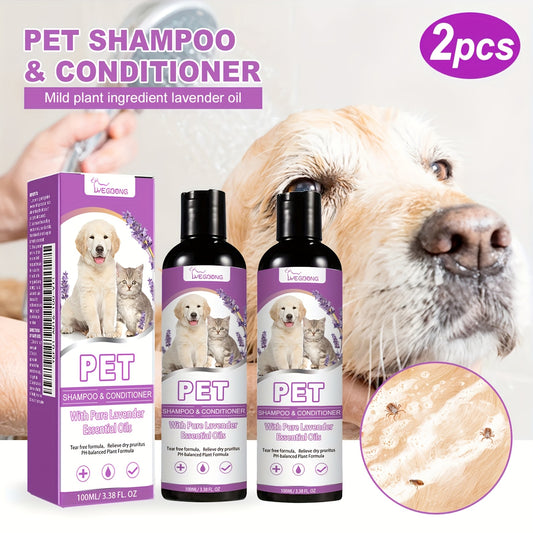 Pet Shampoo And Conditioner Set with Lavender, Coconut Extract for Dogs And Cats - Gentle, Fluffy Hair Cleaner with Gentle Botanical Ingredients, 3.38oz, Suitable for All Stages, Pet Grooming Supplies - Glamorous pet supplies 