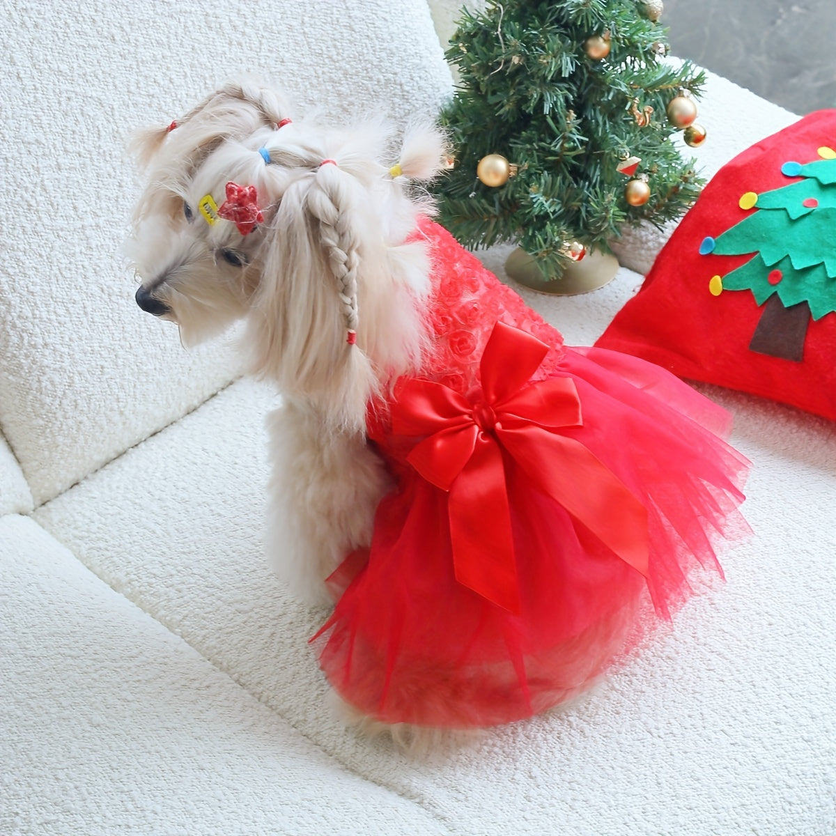 Medium & Small Breeds Polyester Red Rose 3D Floral Tulle Dress with Bowknot, Pet Dog Cat Costume for Christmas Party, All-Season Wear, Pullover Style - Glamorous pet supplies 