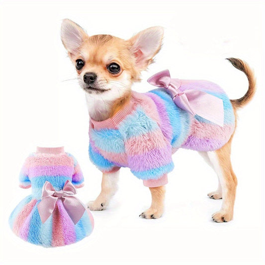 1pc Cozy Fleece Dog Dress with Bowknot - Rainbow Striped Plush Princess Puppy Sweater for Small Breeds - Lightweight Warm Knit Pet Skirt for Autumn and Winter - Polyester - Glamorous pet supplies 